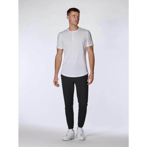 Cuts Clothing Men's Curve Hem Henley 4 Way Stretch Tee T-Shirt in White - Picture 3 of 7